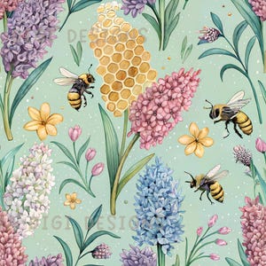 Abeilles et fleurs pastel transparente motif répéter tissu motif numérique sublimation papier pour scrapbooking téléchargement numérique PNG