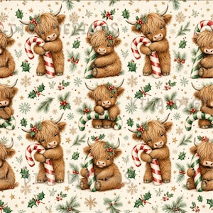 Motivo senza cuciture con mucca delle Highlands natalizia, motivo ripetuto per tessuti, design digitale per sublimazione su carta per scrapbooking, download digitale PNG