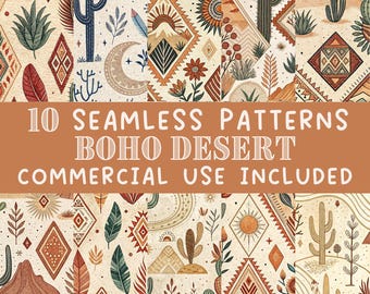 Boho Desert Seamless pattern Western Cactus Fabric Pattern PNG Commercial License Wallpaper Sublimation Design Bundle Digital Papers