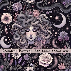 Modello senza cuciture Medusa Modello senza cuciture floreale Modello in tessuto Medusa Arte Mitologia greca Modello Licenza commerciale Dark Cottagecore PNG