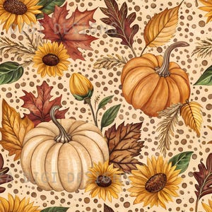 May include: Seamless pattern featuring pumpkins, sunflowers, and autumn leaves in shades of orange, yellow, and brown. The design includes a variety of fall elements on a dotted background. The text "SEAMLESS PATTERN" and "COMMERCIAL USE INCLUDED" are at the top and bottom.