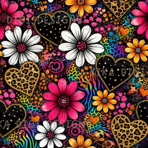 May include: A seamless pattern featuring white and orange daisies, black hearts with gold polka dots, and leopard print hearts. The background is a vibrant mix of neon pink, blue, and purple animal print textures with small orange heart accents.
