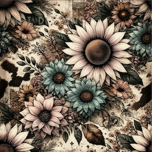 May include: A seamless pattern design featuring a variety of sunflowers in shades of pink, blue, and brown. The design includes the text "SEAMLESS PATTERN" and "COMMERCIAL USE INCLUDED". The floral elements are set against a textured, rustic background.