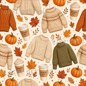 May include: A seamless pattern featuring illustrations of knit sweaters in cream, orange, and olive green, orange pumpkins, autumn leaves, and disposable cups labeled pumpkin spice. The text reads SEAMLESS PATTERN and COMMERCIAL USE INCLUDED.