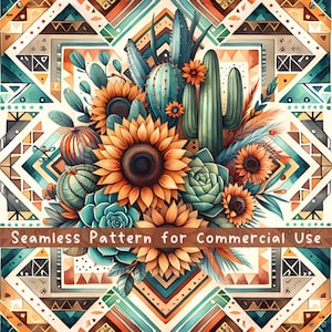 Western Musterdesign, Boho Sonnenblumen Wüste Azteken-Digital-Muster-Sofortiger Download Scrapbooking Kommerzielle Nutzung, Sublimation POD-Lizenz
