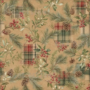 May include: A seamless pattern featuring a tan background with a plaid design, pine branches, pinecones, red berries, and white mistletoe berries. The text SEAMLESS PATTERN and COMMERCIAL USE INCLUDED is printed at the top and bottom.