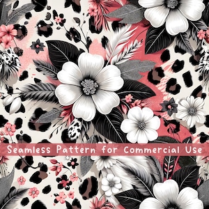 Leopard Daisies Seamless pattern Flower Seamless Pattern Fabric PNG Repeat Pattern Commercial License Grey Pink Leopard Feathers Design File