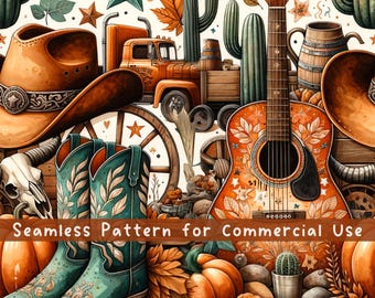 Western Pumpkin Fall Seamless Pattern, Rustic Vintage Country Sublimation Design, Cowboy Repeating Pattern File for Commercial Use Digital