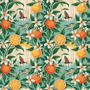 Diseño de tela de verano con estampado continuo de flores de naranjo y cítricos, diseño digital para sublimación en papel scrapbooking, descarga digital PNG.