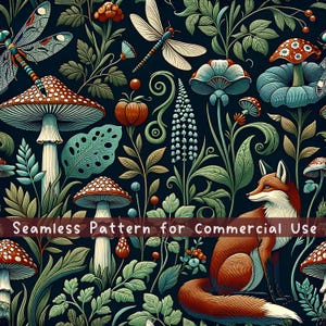 Woodland Forest Seamless pattern Fox Seamless Pattern Fabric Pattern Mushroom PNG Dragonfly Repeat Pattern Commercial License Whimsical Tile