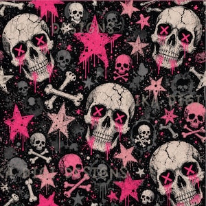 Pink Punk Skulls Seamless Pattern Halloween Repeat Fabric Pattern Digital Paper Sublimation Design for Scrapbooking Digital Download PNG