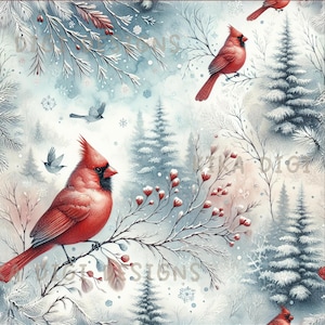 Snowy Robin Seamless Pattern Repeat Fabric Pattern Digital Paper Sublimation Design for Scrapbooking Digital Download PNG Winter Forest