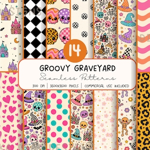 May include: A collection of 14 Groovy Graveyard seamless patterns featuring colorful illustrations of castles, skulls, skeletons, witch hats, hearts, polka dots, and leopard print. The digital graphics include text stating 14 Groovy Graveyard.