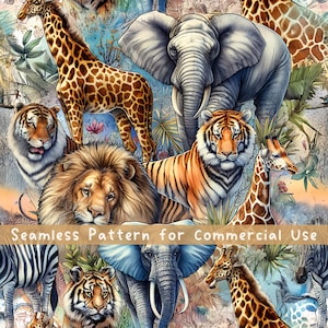 Safari Tiere Nahtloses Muster Löwe Seamless Pattern Fabric PNG-Wiederholungsmuster Kommerzielle Lizenz Stoffdesign Tiger Giraffe Elefant PNG