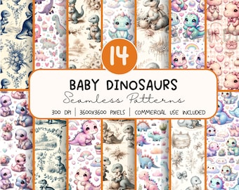 Baby Dinosaurs Seamless Pattern Bundle, Kawaii Digital Paper PNG,  Sublimation Design, Repeat Pattern Digital Download