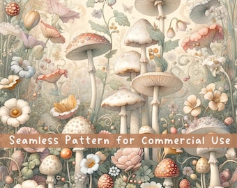 Mushroom Seamless Pattern Cottagecore Mushroomcore Vintage Digital Pattern Instant Download Scrapbooking Commercial Use Sublimation POD