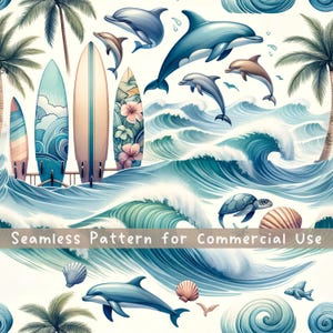 Modèle sans couture de plage des dauphins, sublimation de l'océan, amateur de surf, téléchargement numérique PNG, utilisation commerciale, sublimation, surf POD