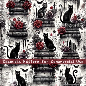 Könnte beinhalten: Ein nahtloses Muster mit schwarzen Katzen auf Stapeln verzierter Bücher, akzentuiert durch dunkelrote Rosen, brennende Kerzen und kleine Fledermäuse. Das Design enthält den Text Seamless Pattern for Commercial Use in fetter Schrift.