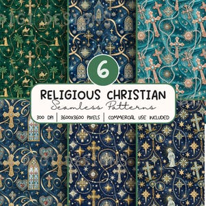 May include: A collection of six seamless digital patterns featuring religious Christian motifs including crosses, stars, stained glass windows, and figures on dark green and blue backgrounds with the text 6 RELIGIOUS CHRISTIAN Seamless Patterns.