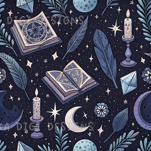 Motivo senza cuciture Dark Academia Bookish, motivo ripetuto per tessuti, design digitale per sublimazione su carta per scrapbooking, download digitale PNG, candele