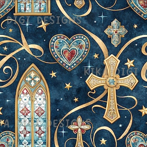 May include: Seamless pattern with religious symbols, including crosses, hearts, and stained-glass window designs, in gold and teal on a dark blue background. The text "SEAMLESS PATTERN" and "COMMERCIAL USE INCLUDED" are visible.