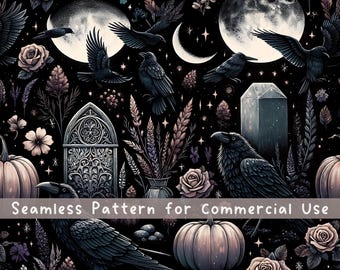 Månen Korpen Kyrkogård Sömlöst Mönster Halloween Sublimering Design Mörk Cottagecore Estetik Häxig Halloween Månen Upprepande Digital Fil