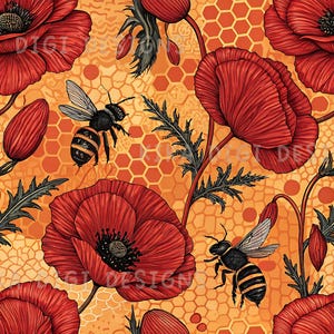 ミツバチの花柄シームレスパターン繰り返し布パターンデジタルペーパー昇華デザインスクラップブッキング用デジタルダウンロードPNGボタニカル