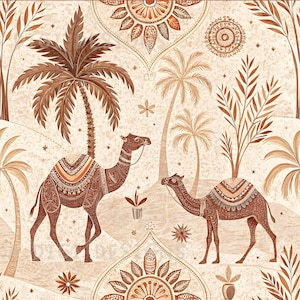 Puede incluir: Diseño de patrón sin costuras con dos camellos, palmeras y elementos florales decorativos en tonos marrones y beige. El texto "SEAMLESS PATTERN" y "COMMERCIAL USE INCLUDED" se muestra en la parte superior e inferior.