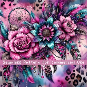 Pink Teal Leopard Flower Seamless pattern Dreamcatcher Pattern Fabric PNG Repeat Pattern Commercial License Neon Vibrant Leopard Design File