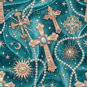 May include: Seamless pattern featuring ornate gold crosses, stars, and pearl strands on a teal background. The design includes the text "SEAMLESS PATTERN" and "COMMERCIAL USE INCLUDED". The crosses have turquoise-colored center stones.