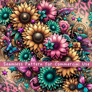 Leopard Sunflowers Seamless pattern Flower Seamless Pattern Fabric PNG Repeat Pattern Commercial License Pink Leopard Floral Fabric Design