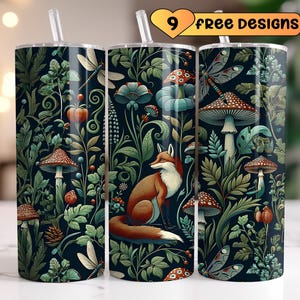 Emballage de verre renard forêt boisé 20 oz gobelet emballage sublimation design sans couture Cottagecore 20 oz maigre téléchargement numérique renard png thumbnail