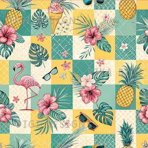 May include: Seamless pattern featuring a tropical theme with pineapples, hibiscus flowers, flamingo, ice cream cone, sunglasses, and palm leaves. The design is set on a checkered background of yellow and teal squares. The text "COMMERCIAL USE INCLUDED" is at the bottom.