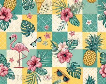 Patrón de patchwork tropical de flamencos sin costuras, patrón de tela repetido, diseño de sublimación de papel digital para scrapbooking, descarga digital PNG