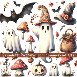 Cute Halloween Seamless Pattern Pumpkin Seamless Pattern Fabric Pattern Spooky Season Pattern Commercial License Watercolor Halloween PNG