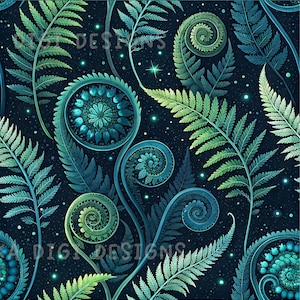 May include: A seamless pattern design with teal and green fern fronds on a dark blue backdrop. The image shows spiraling shapes and detailed leaf structures. The text "SEAMLESS PATTERN" and "COMMERCIAL USE INCLUDED" are also visible.