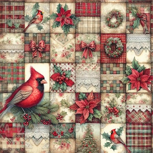 Christmas Robin Patchwork Seamless Pattern Repeat Fabric Pattern Digital Paper Sublimation Design for Scrapbooking Digital Download PNG