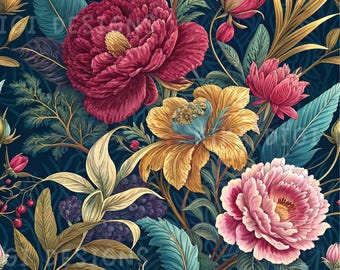 Padrão floral sem costura, estampa de tecido estilo cottagecore, arquivo PNG com licença comercial para papel de parede, pintura floral, design para sublimação, download digital.