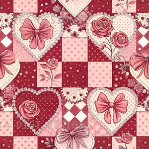 Puede incluir: Patrón sin costuras con corazones, lazos y rosas en tonos rojos y rosas. El diseño incluye lunares, encaje y un estilo patchwork. El texto dice "SEAMLESS PATTERN" y "COMMERCIAL USE INCLUDED".