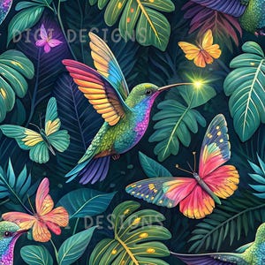 Botanical Hummingbird Seamless Pattern Repeat Fabric Pattern Digital Paper Sublimation Design for Scrapbooking Digital Download PNG