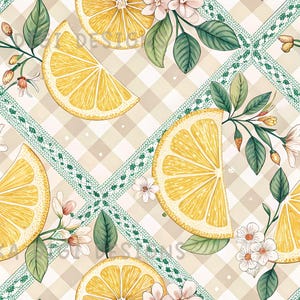 May include: Seamless pattern featuring watercolor illustrations of lemon slices, white flowers, and green leaves. The design includes a checkered background with green lace-like accents. Text at the top reads "SEAMLESS PATTERN" and at the bottom "COMMERCIAL USE INCLUDED".