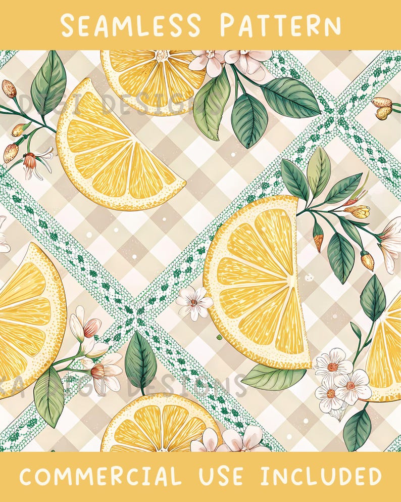 The image is a seamless pattern featuring various slices of lemon and flowers on a checkered background.