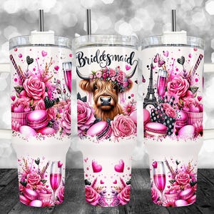 Envoltura para vaso de 40 oz con diseño de vaca de las tierras altas para dama de honor, sublimación, PNG de dama de honor, archivo digital de vaca de las tierras altas para dama de honor, París, rosa, día de San Valentín