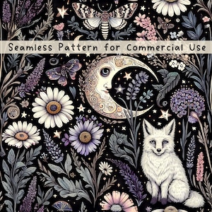 Modèle sans couture de renard blanc, papillon de nuit des bois, motif de tissu de jardin de nuit, motif sans couture de fleurs, cottagecore sombre, PNG, art de la forêt mystique