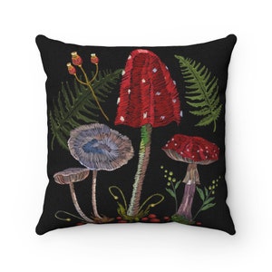 Mushroom Pillow, Mushroom Throw Pillow, Mushroom Pillow Case, Black Throw Pillow, Boho Throw Pillow, Unique Throw Pillow, Throw Pillow Cover