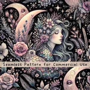 May include: A seamless pattern featuring a profile of a figure with long hair adorned with flowers, set against a black background with crescent moons, stars, and floral elements in shades of pink, purple, and blue. Text reads: Seamless Pattern for Commercial Use.