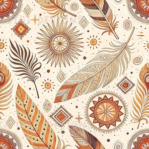 Motivo senza cuciture con piume in stile boho, motivo ripetuto per tessuti, design digitale per sublimazione su carta per scrapbooking, download digitale PNG, decorazione western
