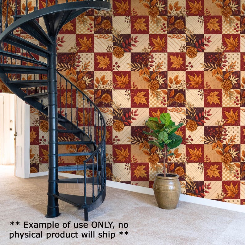 a spiral staircase with a colorful floral wallpaper behind it, and a potted plant on the floor next to the staircase.