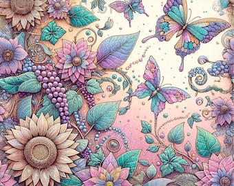 Pink Butterfly Floral Seamless Pattern Repeat Fabric Pattern Digital Paper Sublimation Design for Scrapbooking Digital Download PNG Pastel