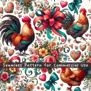 Coquette Chicken Ribbon Seamless pattern Coquette Rooster Repeat Pattern Commercial Use Cute Bows Sublimation digital png Floral Bows Design